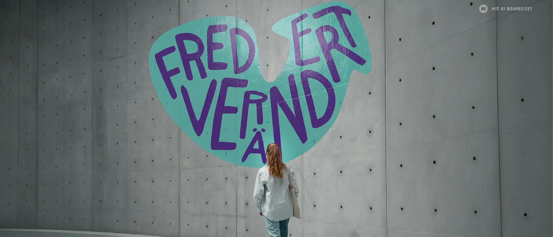 Eine Junge Frau läuft an einer Wand entlang. Auf der Wand steht: Fred verändert | © Mit Hilfe von KI bearbeitet // Originalbild: Clarisse Croset/unsplash